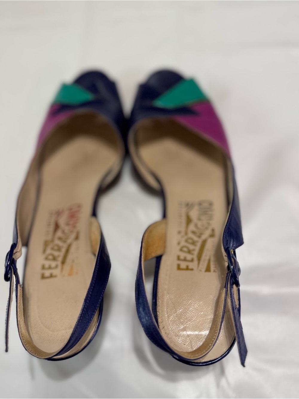 Salvatore Ferragamo Navy, Pink & Teal Leather Slingback Sandals - Picture 3 of 6